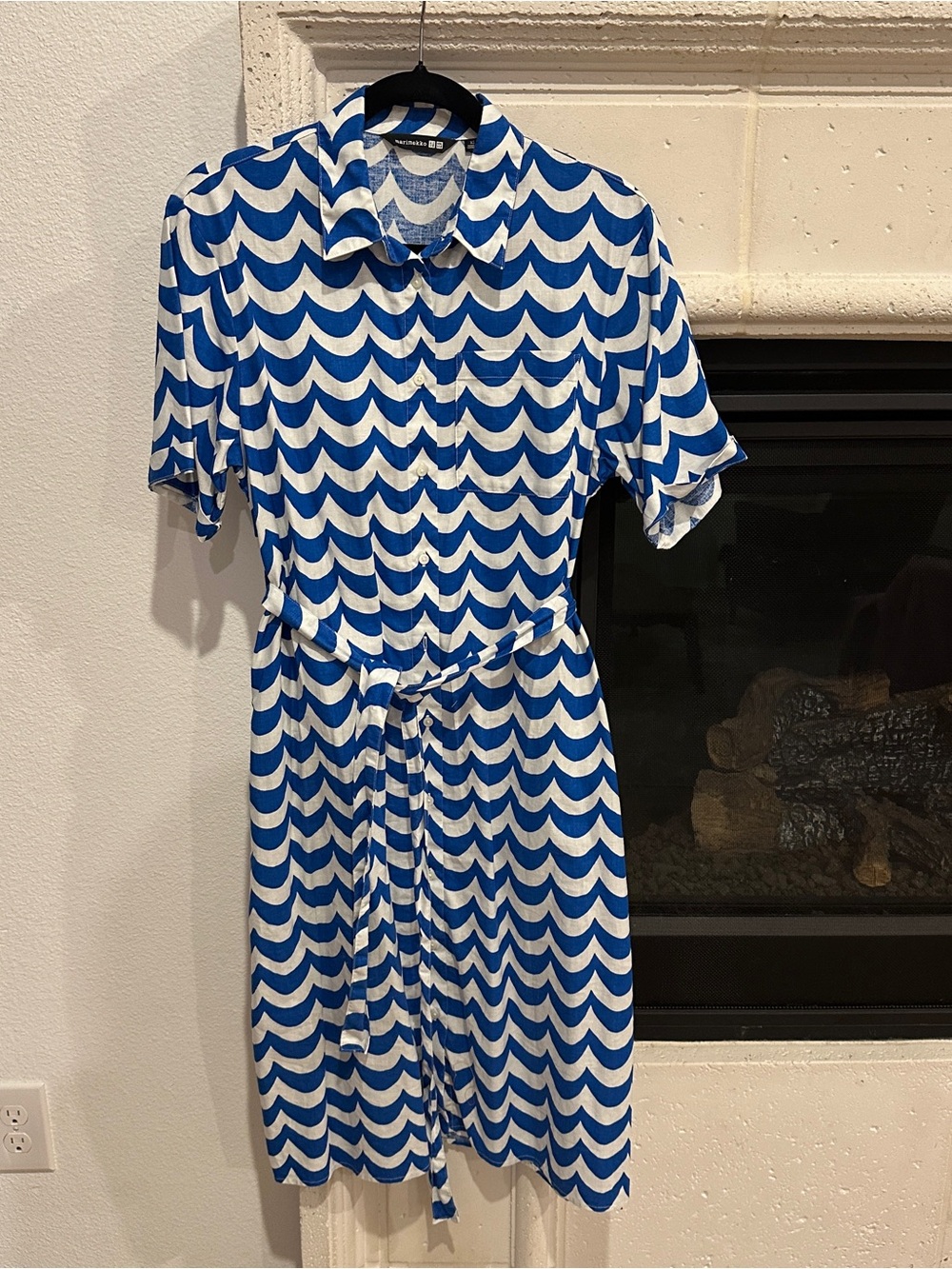 Marimekko Shirtdress Blue Wave-Print Shirt Midi Dress